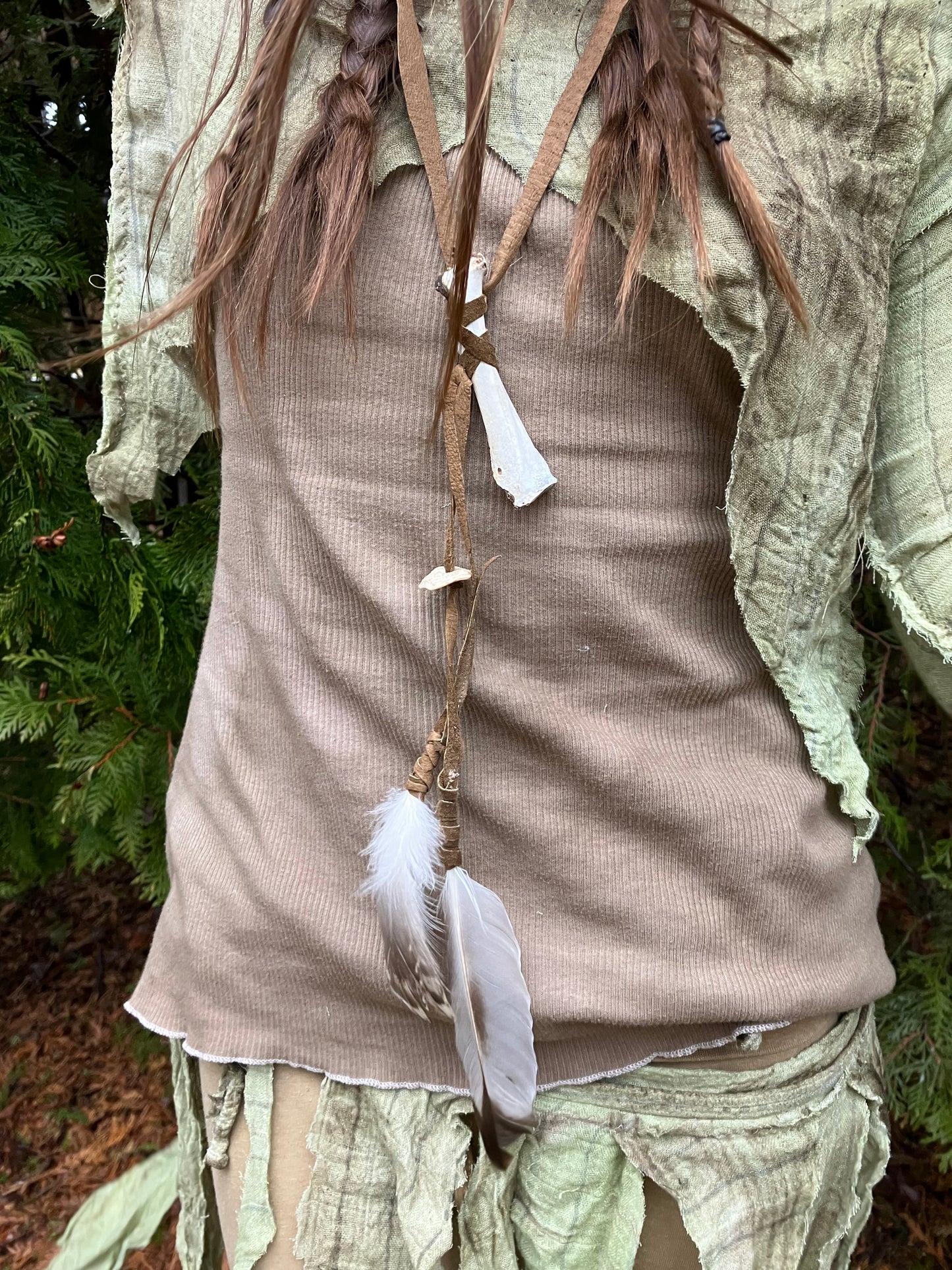 wildcrafted bone , feather & shell leather accessory piece