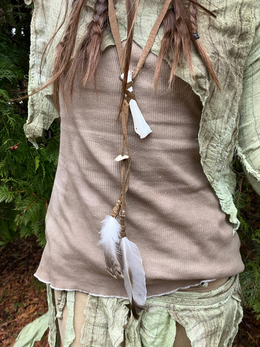 wildcrafted bone , feather & shell leather accessory piece