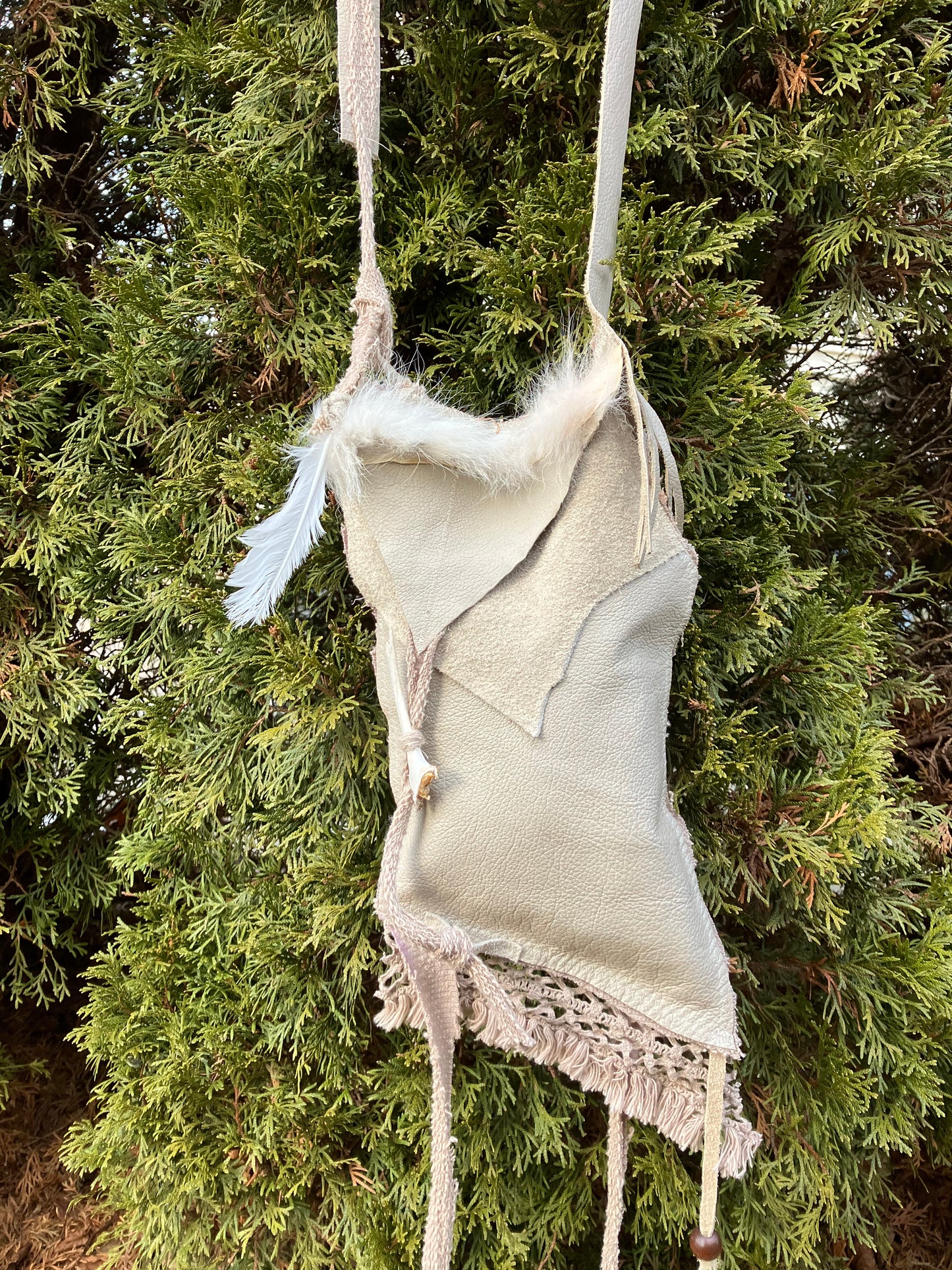 coyote bag - bone, feathers + leather