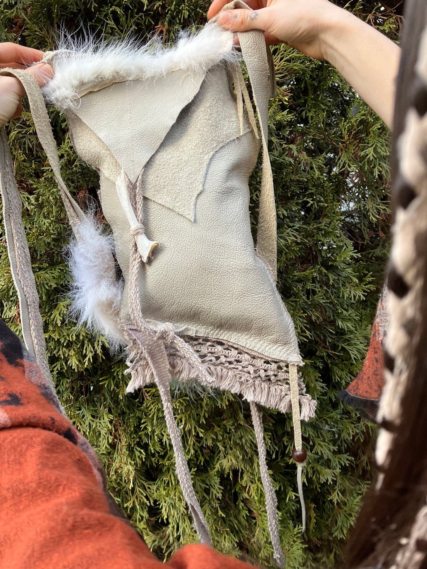 coyote bag - bone, feathers + leather