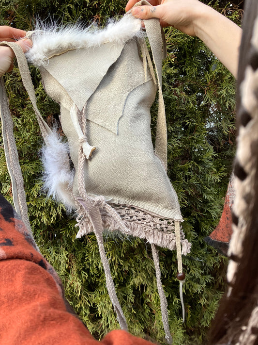coyote bag - bone, feathers + leather