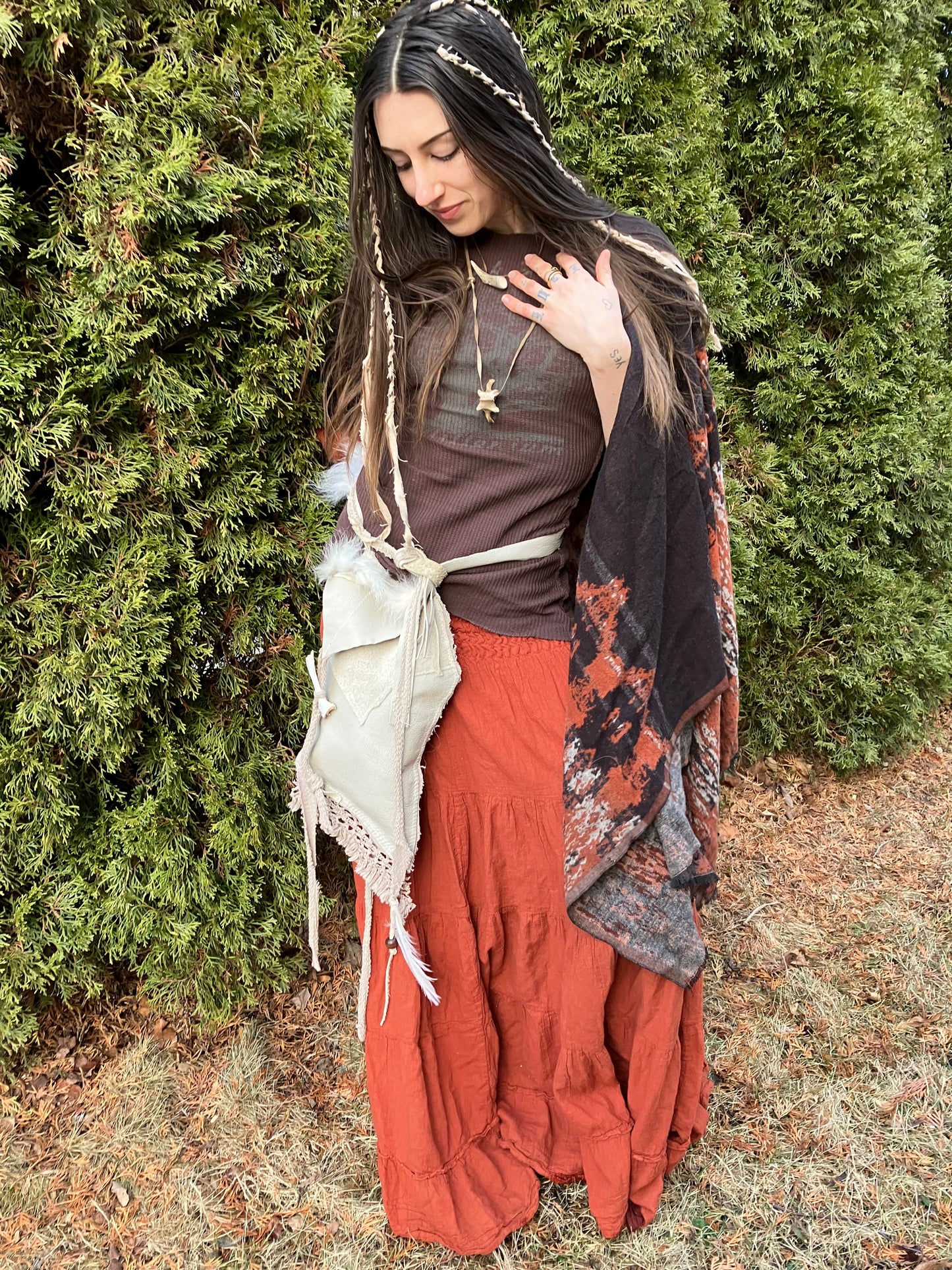 coyote bag - bone, feathers + leather